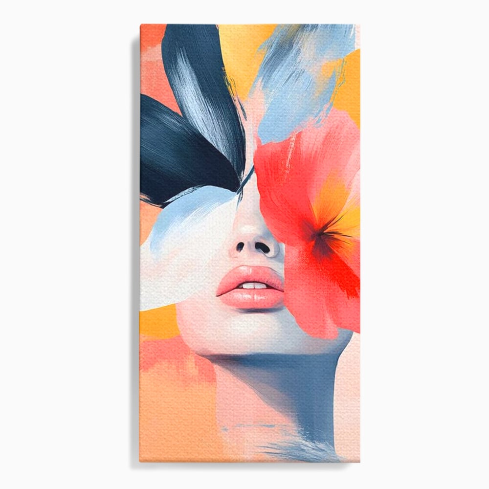 Tablou canvas cu tablou canvas cu fata de femeie si flori pictate, fara rama, pe sasiu de lemn